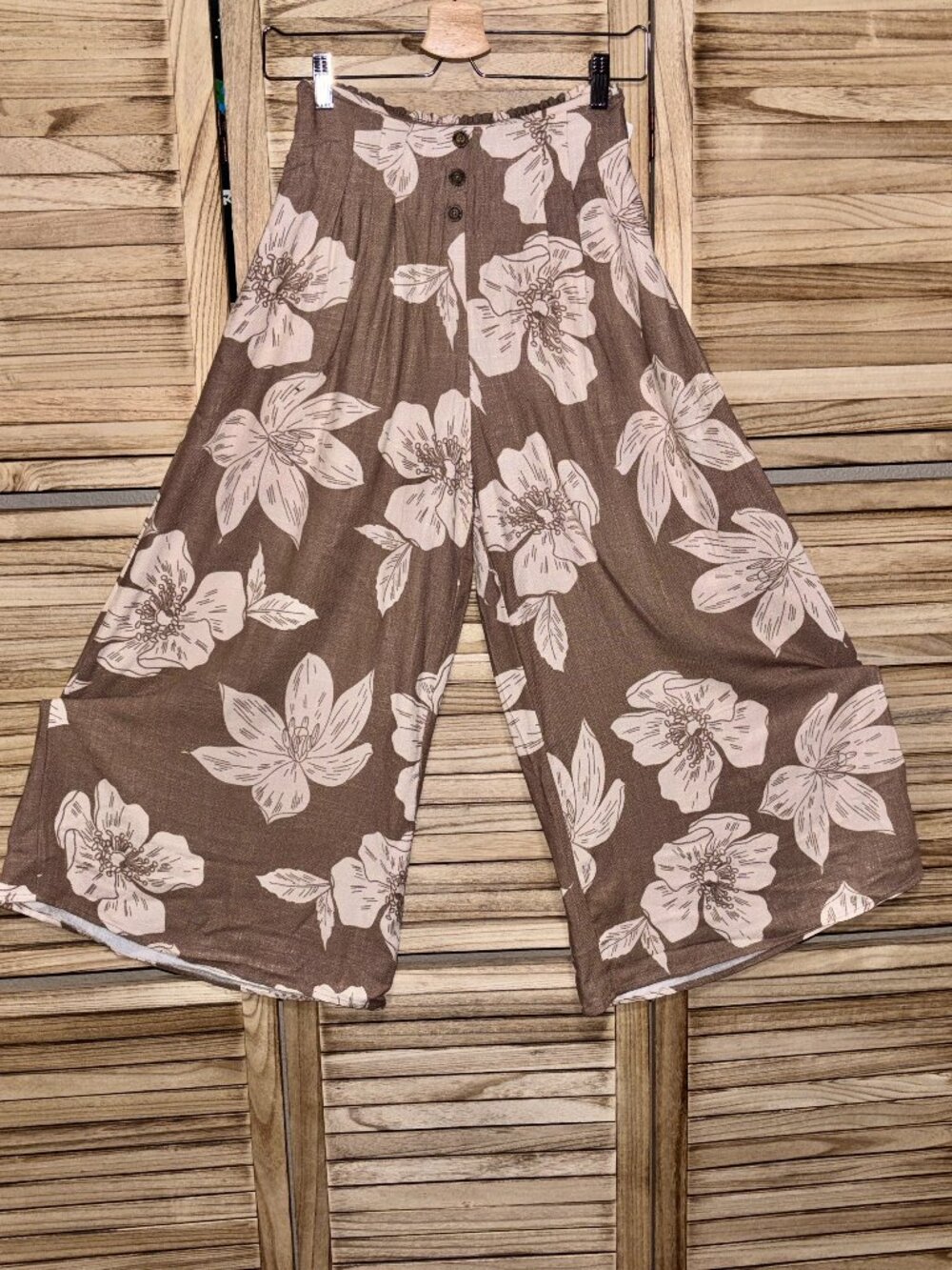 NWT Sienna Sky Floral Wide Leg Palazzo Pants Taupe Cream Linen Blend M